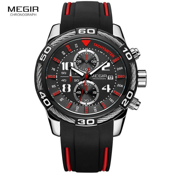 Megir Analogue Chronograph Battery Quartz Wristwatch for Man Men's Black Silicone Bracelete Sport Wristwatch Boy's Stopwatch 2045G-kopara2trade.myshopify.com-
