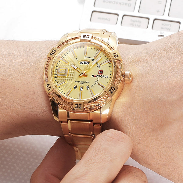 NAVIFORCE Luxury Brand Mens Sport Wristwatch Gold Full Steel Quartz Wristwatches Men Date Waterproof Military  Man-kopara2trade.myshopify.com-Watch