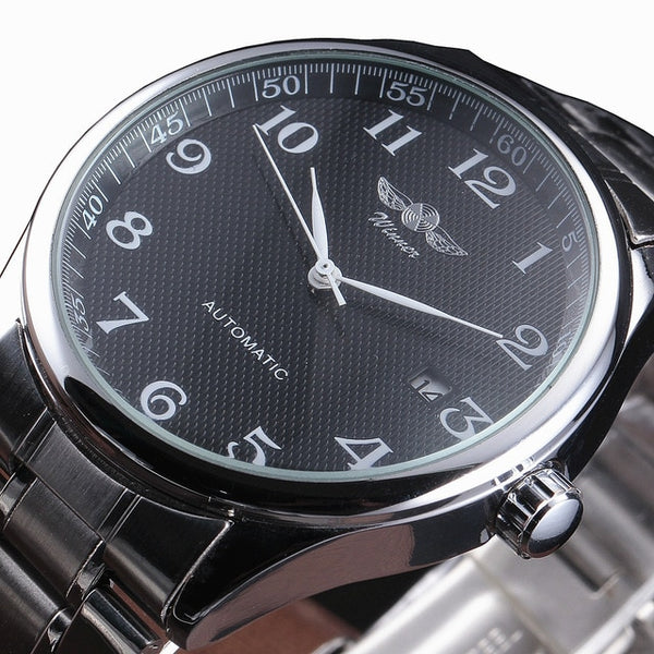 Winner Luxury Men Classic Date automatic Mechanical Wristwatch Self-Winding Skeleton Black Leather/Stainless Steel Strap  Wristwatch-kopara2trade.myshopify.com-Watch