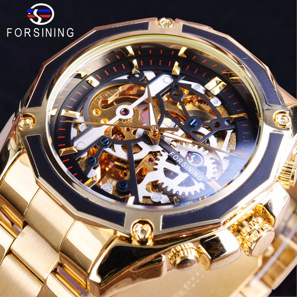 Forsining  New Collection Transparent Case Golden Stainless Steel Skeleton Luxury Design Men Wristwatch Top Brand Automatic Wristwatch-kopara2trade.myshopify.com-Watch