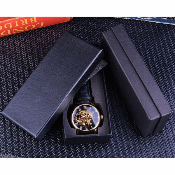 Forsining Men Wristwatches Top Brand Luxury Mechanical Skeleton Wristwatch Black Golden 3D Literal Design Roman Number Black Dial Designer-kopara2trade.myshopify.com-Watch