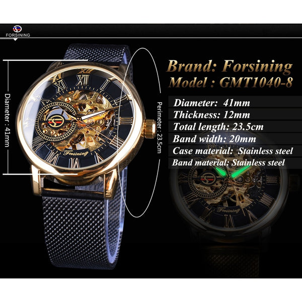 Forsining  Classic Retro Luxury 3D Roman Number Black Mesh Band Transparent Men Mechanical Skeleton Wristwatches Top Brand Luxury-kopara2trade.myshopify.com-Watch