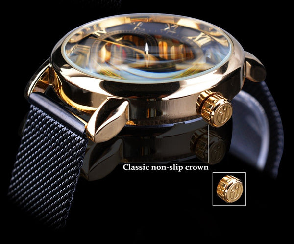 Forsining  Classic Retro Luxury 3D Roman Number Black Mesh Band Transparent Men Mechanical Skeleton Wristwatches Top Brand Luxury-kopara2trade.myshopify.com-Watch