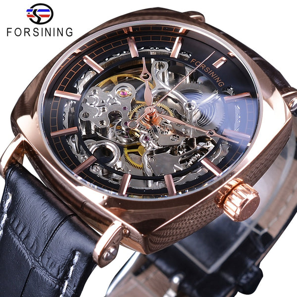Forsining Black Genuine Leather Fashion Royal Luxury Gold  Transparent Skeleton Men Automatic Mechanical Wristwatches Top Brand-kopara2trade.myshopify.com-Watch