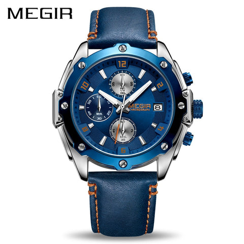 MEGIR Chronograph Men Wristwatch   Blue Leather Business Quartz Wristwatch  Men Creative Army Military  Wristwatches-kopara2trade.myshopify.com-Watch