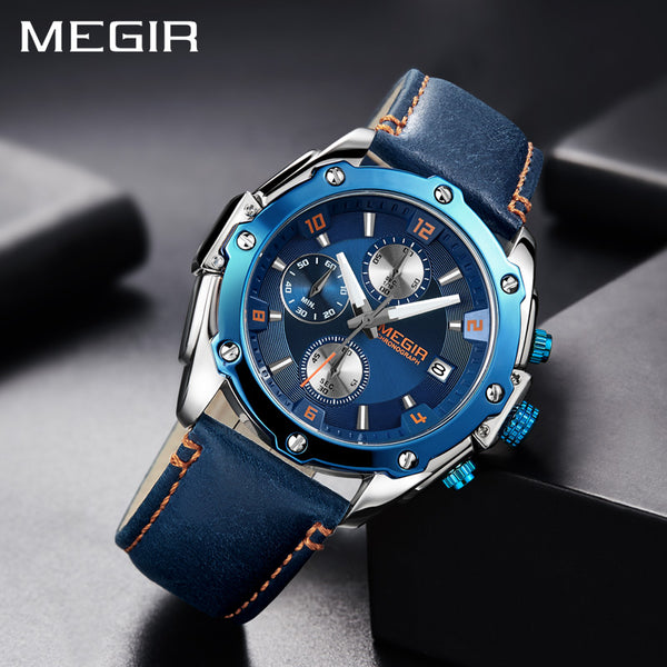 MEGIR Chronograph Men Wristwatch   Blue Leather Business Quartz Wristwatch  Men Creative Army Military  Wristwatches-kopara2trade.myshopify.com-Watch