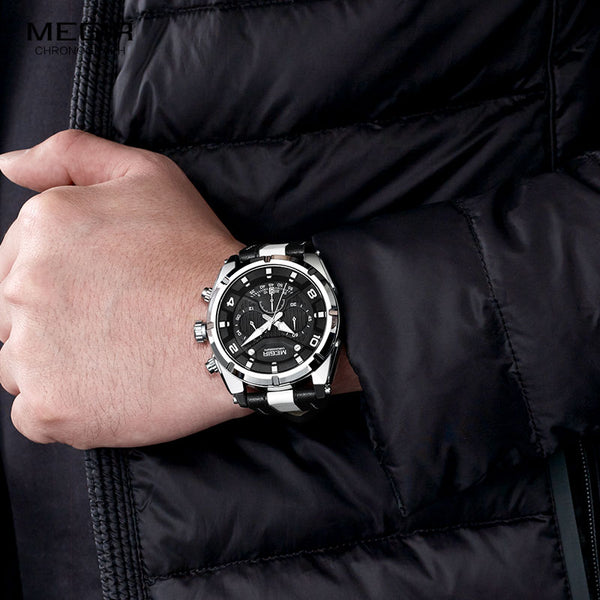 MEGIR Fashion Men's Chronograph Quartz Wristwatches Leather Strap Luminous Hands 24-hour Sports Analogue Wristwatch for Man 2076White-kopara2trade.myshopify.com-