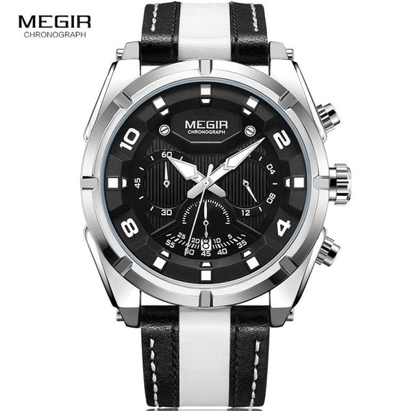MEGIR Fashion Men's Chronograph Quartz Wristwatches Leather Strap Luminous Hands 24-hour Sports Analogue Wristwatch for Man 2076White-kopara2trade.myshopify.com-
