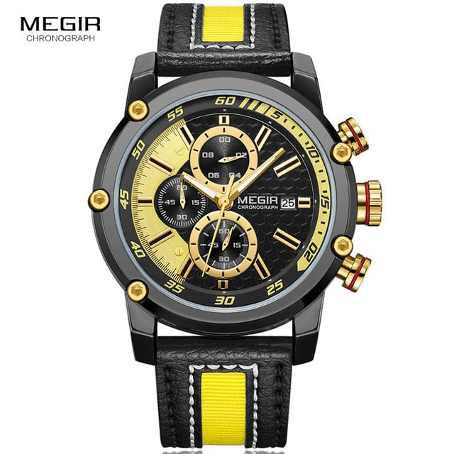 MEGIR Men's Leather Strap Sports Chronograph Wristwatches Fashion Waterproof Luminous Analogue Quartz Wristwatch for Man 2079GDBK-kopara2trade.myshopify.com-Watch