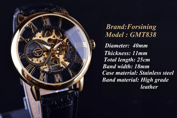 Forsining Men Wristwatches Top Brand Luxury Mechanical Skeleton Wristwatch Black Golden 3D Literal Design Roman Number Black Dial Designer-kopara2trade.myshopify.com-Watch