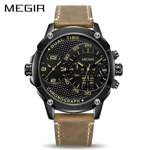 MEGIR Chronograph Sport Quartz Wristwatch Men Dual Time Zone Men Wrist Wristwatches Creative Leather Army Military Wristwatches Hour-kopara2trade.myshopify.com-