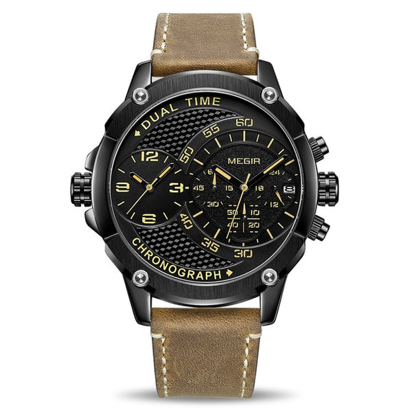 MEGIR Chronograph Sport Quartz Wristwatch Men Dual Time Zone Men Wrist Wristwatches Creative Leather Army Military Wristwatches Hour-kopara2trade.myshopify.com-