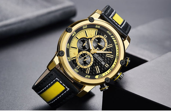 MEGIR Men's Premium Waterproof Luminous Quartz Wristwatches Fashion Leather Strap Yellow Chronograph Wristwatch for Man 2079G1N3-kopara2trade.myshopify.com-