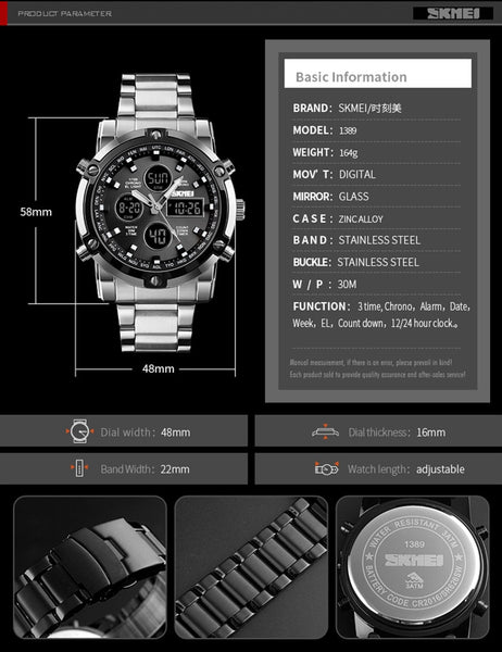 SKMEI Analog Digital Wristwatches Men Led Full Steel Male Wristwatch Men Military Wristwatch Quartz Sports Wristwatch   SKMEI-kopara2trade.myshopify.com-Watch