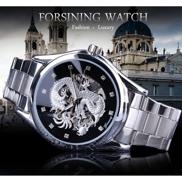 Forsining Classic Dragon Design Silver Stainless Steel Diamond Display Men Automatic Wrist Wristwatches Top Brand Luxury Montre Homme-kopara2trade.myshopify.com-