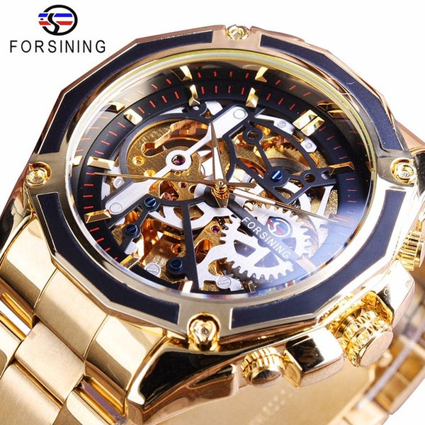 Forsining  New Collection Transparent Case Golden Stainless Steel Skeleton Luxury Design Men Wristwatch Top Brand Automatic Wristwatch-kopara2trade.myshopify.com-Watch