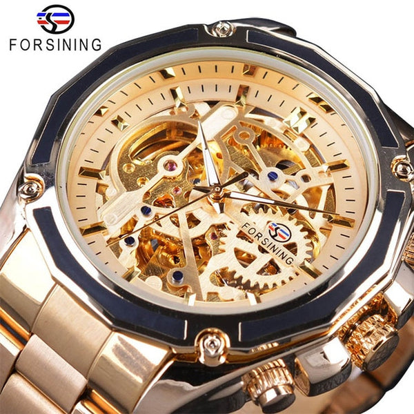 Forsining  New Collection Transparent Case Golden Stainless Steel Skeleton Luxury Design Men Wristwatch Top Brand Automatic Wristwatch-kopara2trade.myshopify.com-Watch