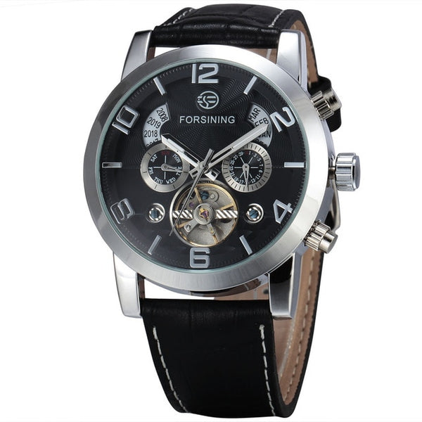 FORSINING Top Brand Luxury Tourbillon Mechanical Wristwatch Men Leather Strap Skeleton Dial 2 Sub-dials Calendar Dress Wrist Wristwatches-kopara2trade.myshopify.com-