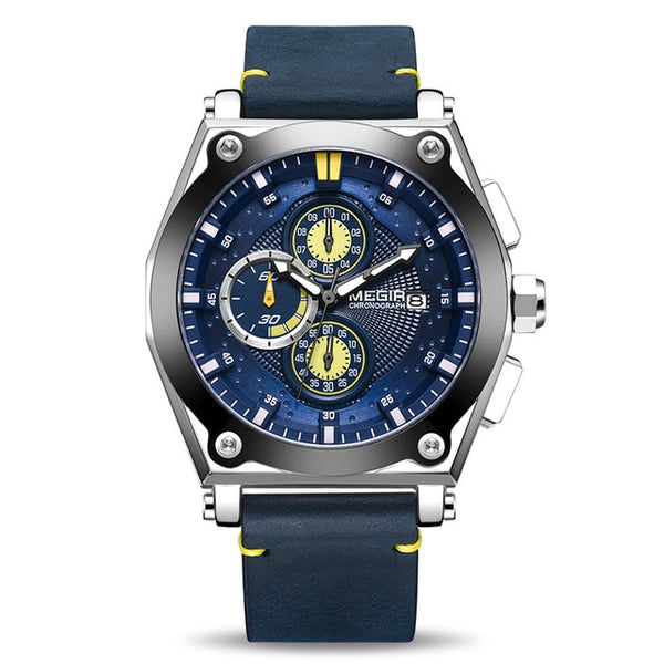 MEGIR Blue Quartz Men Wristwatches Top Brand Leather Strap Chronograph Sport  Wristwatch Men-kopara2trade.myshopify.com-Watch