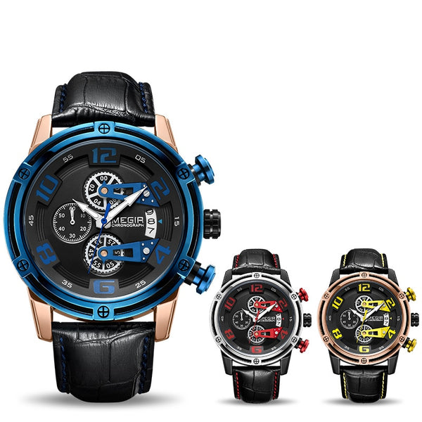 MEGIR Chronograph Sport Wristwatch Men Leather Strap Creative Quartz Wristwatches  Men Military Wristwatch   Montre Homme-kopara2trade.myshopify.com-Watch