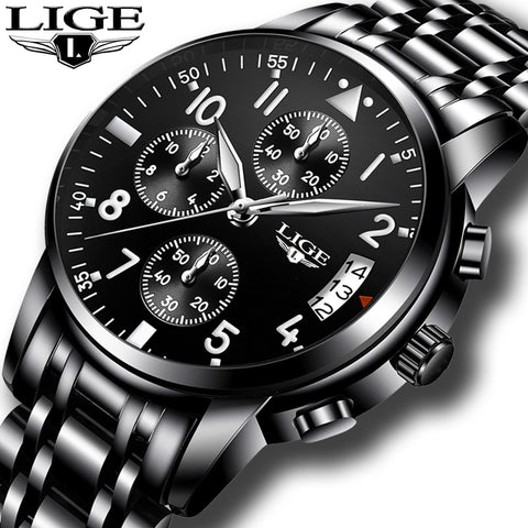 Top Luxury Brand LIGE Men'S Fashion Business Quartz Wristwatch Men Leisure Sport Full Steel Waterproof Black-kopara2trade.myshopify.com-Watch