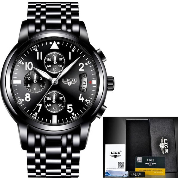 Top Luxury Brand LIGE Men'S Fashion Business Quartz Wristwatch Men Leisure Sport Full Steel Waterproof Black-kopara2trade.myshopify.com-Watch