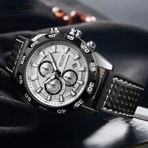 Megir Men's Military Sports Wristwatches Leather Strap Top Brand Chronograph 3 Bar Waterproof Luminous Wrist Wristwatch Man 2096G White-kopara2trade.myshopify.com-