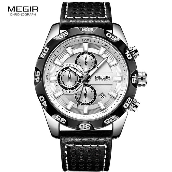 Megir Men's Military Sports Wristwatches Leather Strap Top Brand Chronograph 3 Bar Waterproof Luminous Wrist Wristwatch Man 2096G White-kopara2trade.myshopify.com-