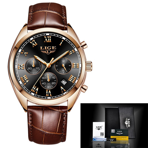LIGE Men Wristwatches Fashion Top Brand Luxury Sport Gold Quartz Wristwatch Men Casual Leather Waterproof Military Wristwatch-kopara2trade.myshopify.com-Watch
