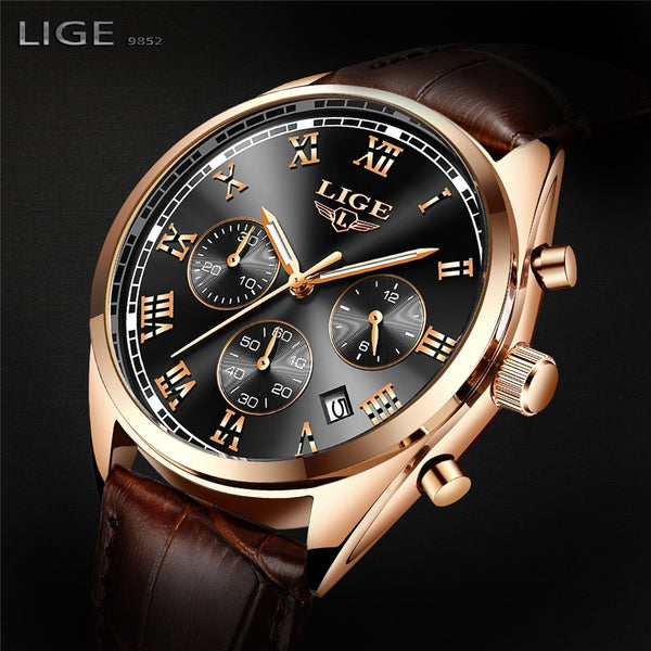 LIGE Men Wristwatches Fashion Top Brand Luxury Sport Gold Quartz Wristwatch Men Casual Leather Waterproof Military Wristwatch-kopara2trade.myshopify.com-Watch