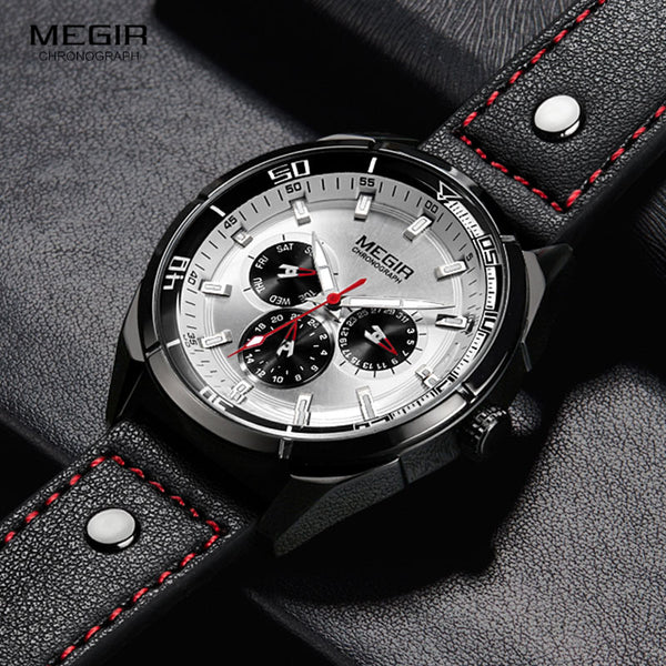 MEGIR Men's Black Leather Strap Quartz Wristwatches Waterproof Luminous Wristwatch for Man 24-hour Week Date Display 2072G-BK-7-kopara2trade.myshopify.com-