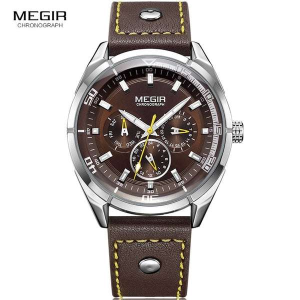 MEGIR Men's Black Leather Strap Quartz Wristwatches Waterproof Luminous Wristwatch for Man 24-hour Week Date Display 2072G-BK-7-kopara2trade.myshopify.com-