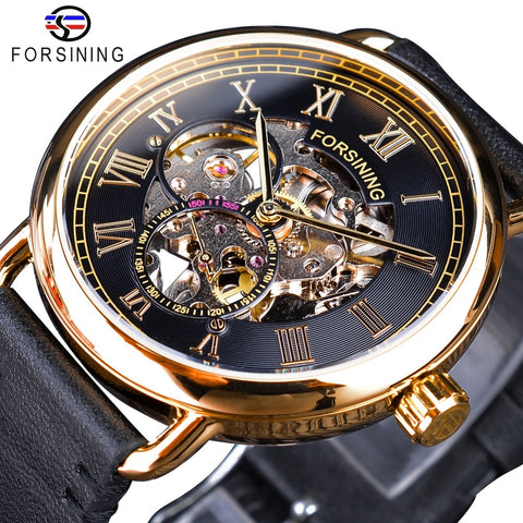 Forsining Classic Black Golden Openwork Wristwatches Skeleton Mens Mechanical Wristwatches Top Brand Luxury Black Genuine Leather-kopara2trade.myshopify.com-
