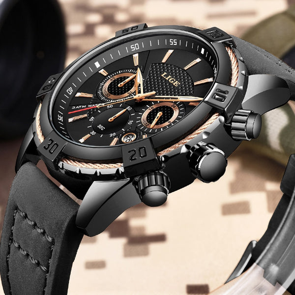 Wristwatch LIGE Mens Wristwatches Top Brand Luxury Men Casual Leather Waterproof Chronograph Men Sport Quartz-kopara2trade.myshopify.com-Watch