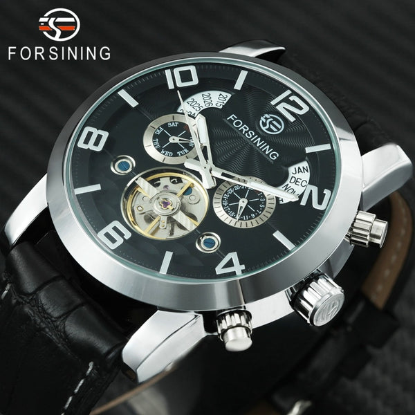 FORSINING Top Brand Luxury Tourbillon Mechanical Wristwatch Men Leather Strap Skeleton Dial 2 Sub-dials Calendar Dress Wrist Wristwatches-kopara2trade.myshopify.com-