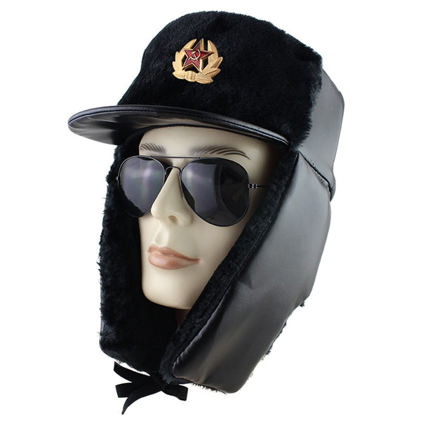 Soviet Army Military Badge Russia Ushanka Bomber Hats PU Leather Trapper trooper Hat Winter Faux Rabbit Fur Earflap Men Snow Cap-kopara2trade.myshopify.com-
