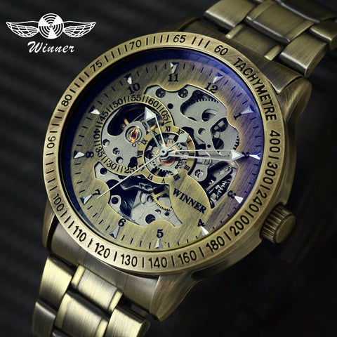 WINNER  Fashion Militray Wristwatch Men Auto Mechanical Skeleton Dial Copper Stainless Steel Strap Mens Wristwatches Top Brand Luxury-kopara2trade.myshopify.com-Watch