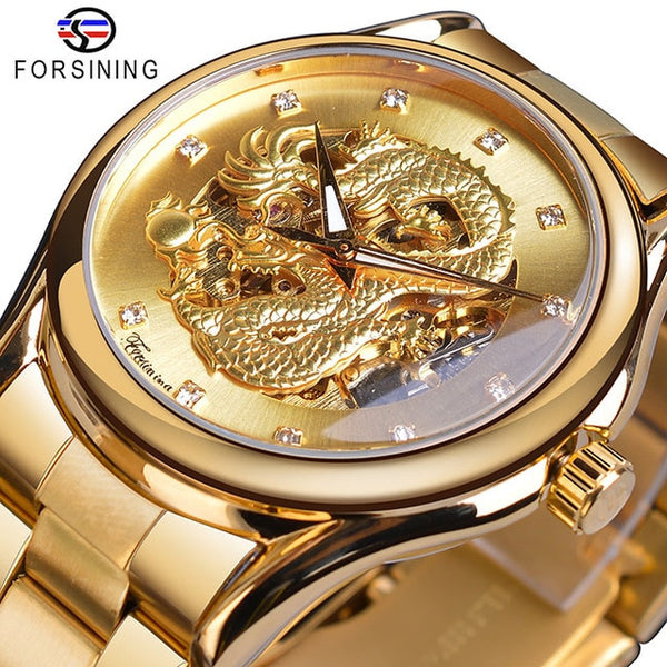 Forsining Luxury 3D Engraved Golden Dragon Automatic Mechanical Men Wristwatches Stainless Steel Band Sports Self-winding Wrist Wristwatch-kopara2trade.myshopify.com-