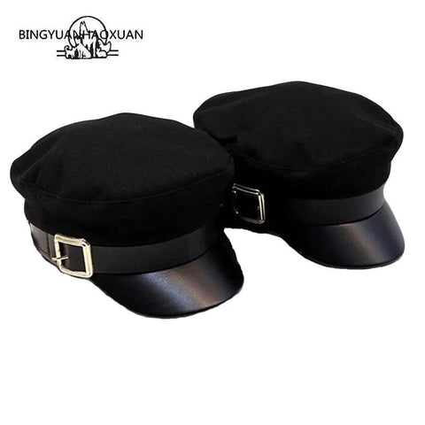 Women Black Military Hats Autumn Winter Fashion Wool Pu Leather Patchwork Newsboy Caps With Belt Female Gorras-kopara2trade.myshopify.com-