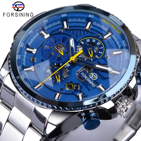 Forsining Blue Ocean Design Silver Steel 3 Dial Calendar Display Mens Automatic Mechanical Sport Wrist Wristwatches Top Brand Luxury-kopara2trade.myshopify.com-