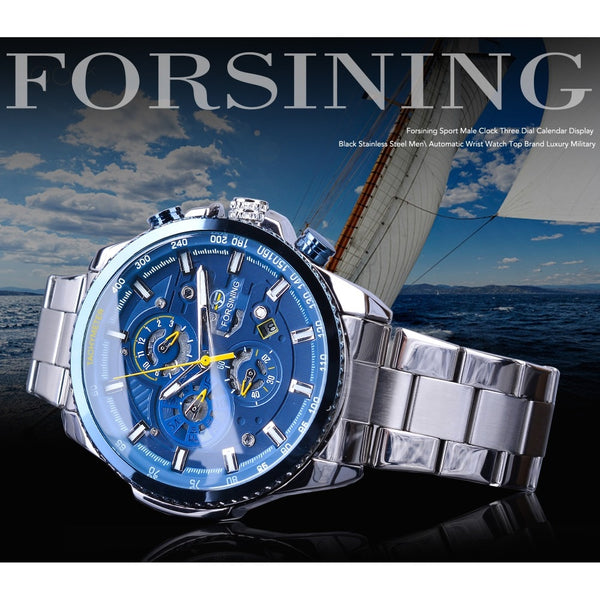 Forsining Blue Ocean Design Silver Steel 3 Dial Calendar Display Mens Automatic Mechanical Sport Wrist Wristwatches Top Brand Luxury-kopara2trade.myshopify.com-