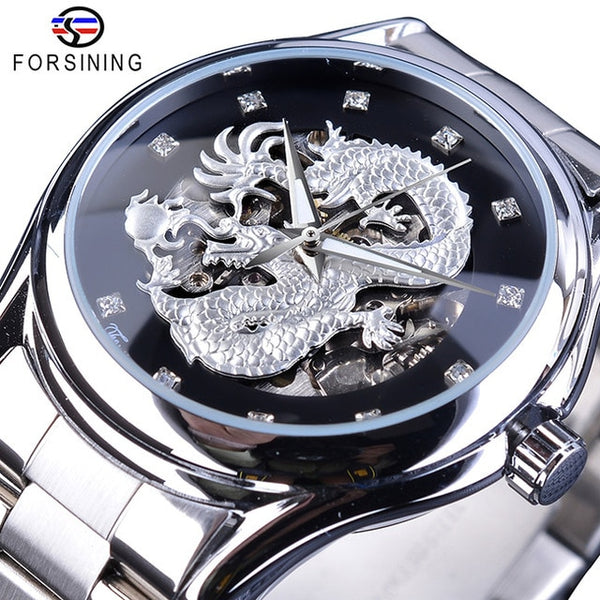 Forsining Classic Dragon Design Silver Stainless Steel Diamond Display Men Automatic Wrist Wristwatches Top Brand Luxury Montre Homme-kopara2trade.myshopify.com-