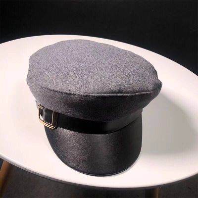 Women Black Military Hats Autumn Winter Fashion Wool Pu Leather Patchwork Newsboy Caps With Belt Female Gorras-kopara2trade.myshopify.com-